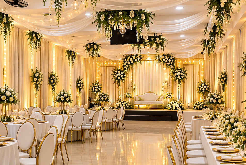 Multipurpose Hall styled for wedding reception